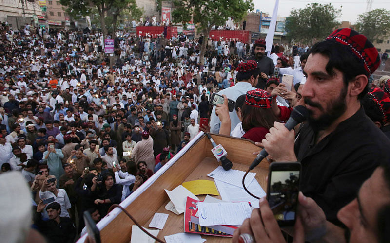 In this 22 April 2018 photo, Manzoor Pashteen, a leader of Pashtun Protection Movement addresses his supporters during a rally in Lahore, Pakistan. AP