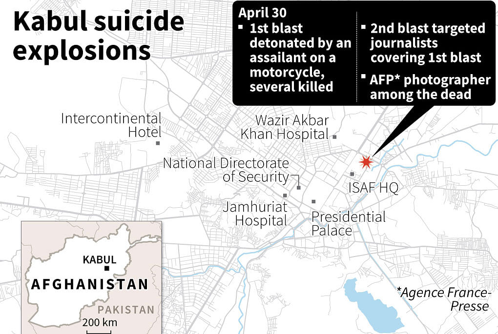 Map of Kabul, Afghanistan, locating a deadly twin suicide blasts. AFP