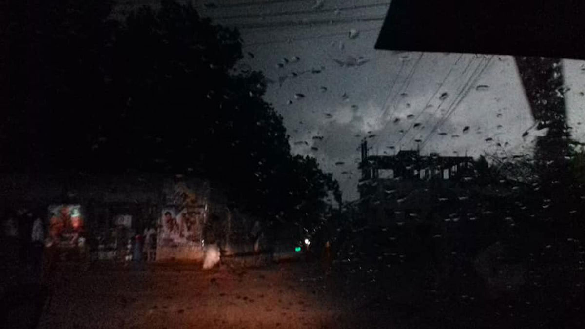 Gazipur in Dhaka`s neighbourhood turns dark as well, a view through the rain drops on the window shield. Photo taken from facebook post of Muzahid Shuvo