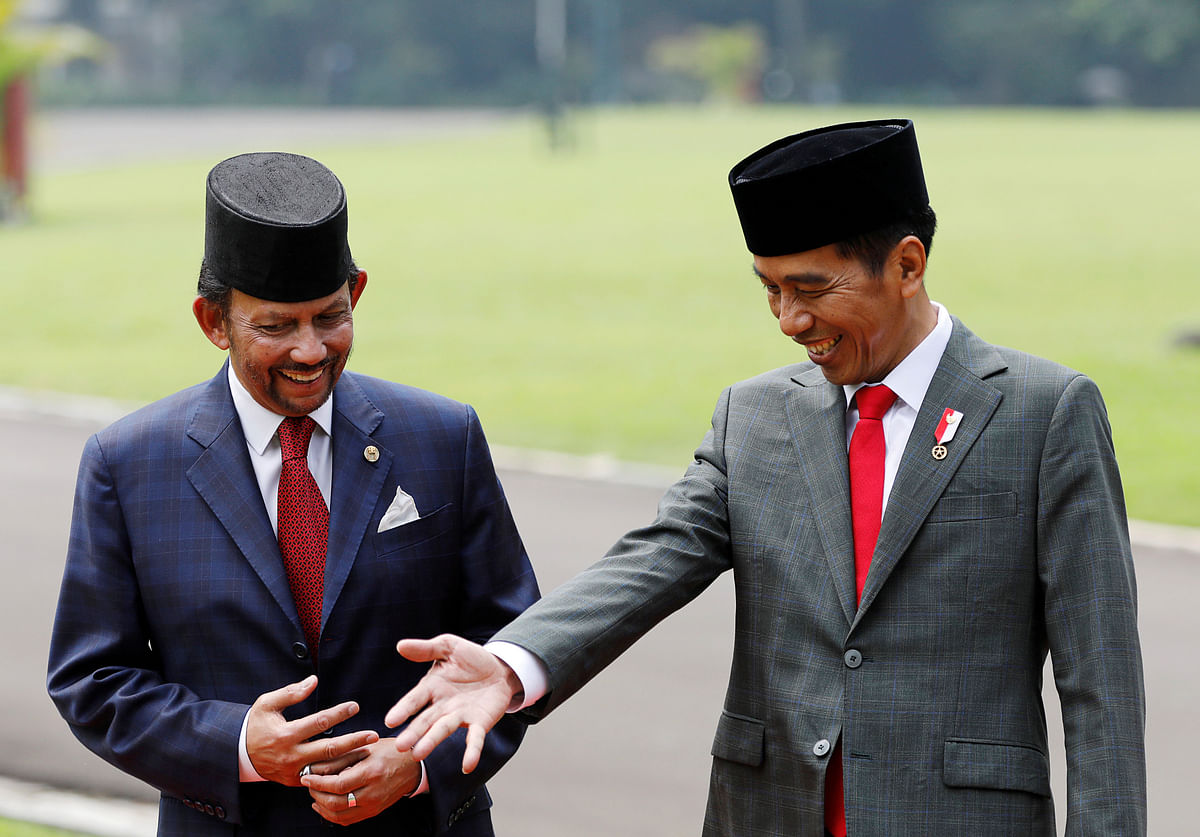 Brunei`s Sultan Hassanal Bolkiah (L) and Indonesian President Joko Widodo (R) chat in the garden before they plant a tree at the palace in Bogor, south of Jakarta, Indonesia on 3 May 2018. Photo: Reuters