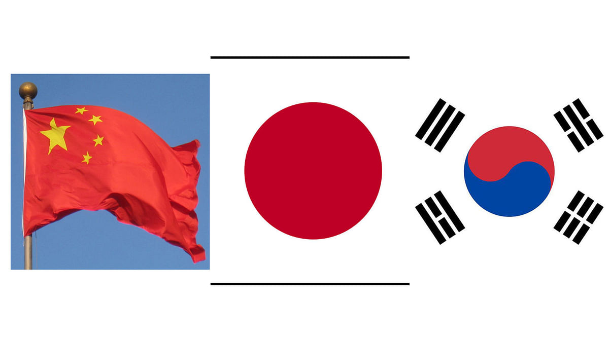 Collage of flags of China, Japan, South Korea