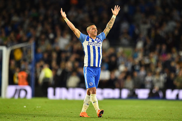 Brighton’s French midfielder Anthony Knockaert celebrates at the final whistle in the English Premier League football match between Brighton and Hove Albion and Manchester United at the American Express Community Stadium in Brighton, southern England on 4 May 2018. Brighton won the game 1-0.  Photo: AFP