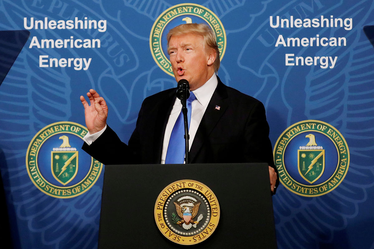 US president Donald Trump delivers remarks during an `Unleashing American Energy` event at the Department of Energy in Washington, US, on 29 June 2017. Reuters File Photo