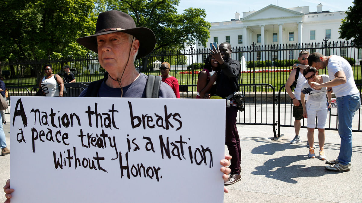 David Barrows protests outside of the White House as US president Donald Trump announces the US withdrawal from the Iran deal in Washington, US, on 8 May. Reuters
