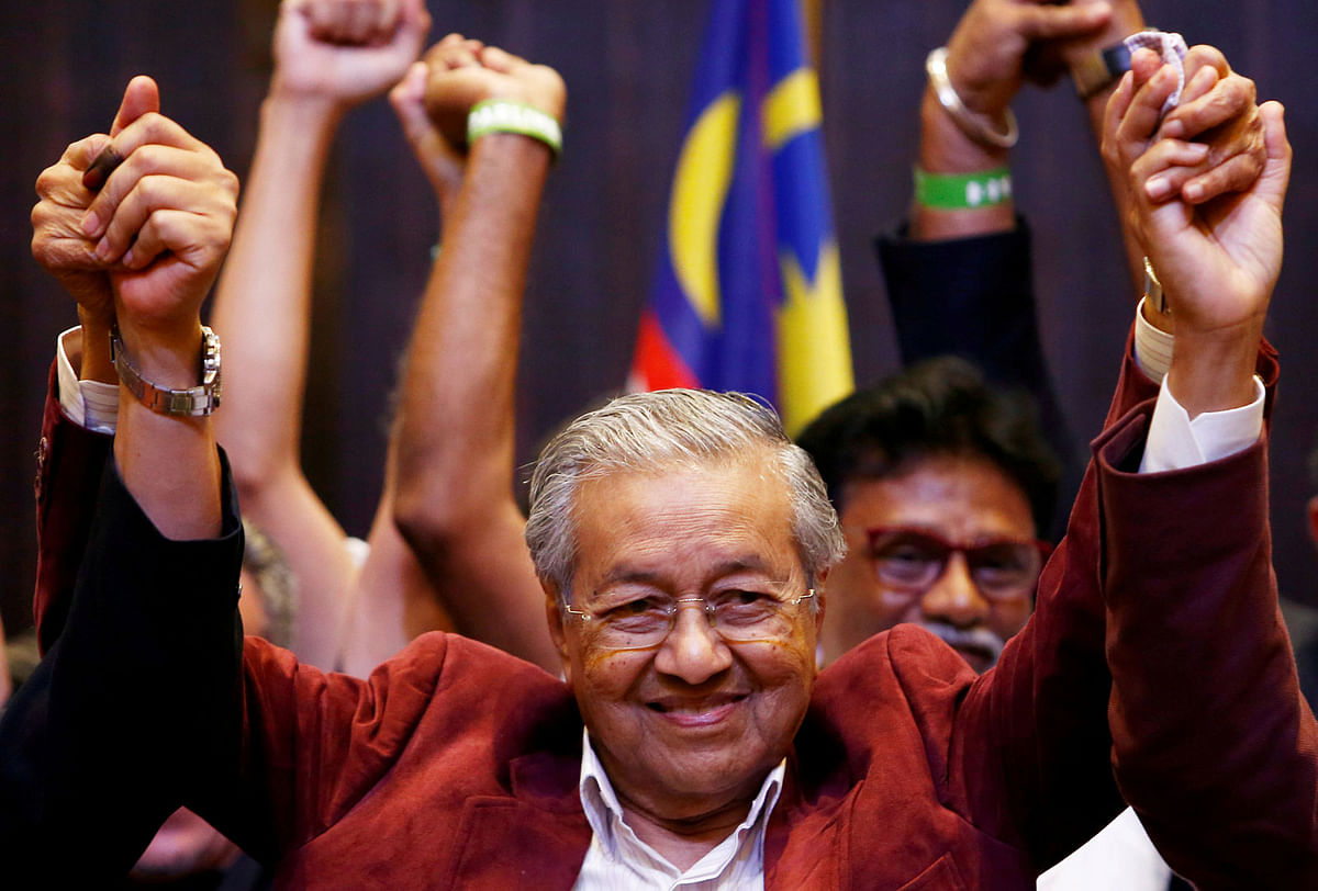 Mahathir Mohamad, former Malaysian prime minister and opposition candidate for Pakatan Harapan (Alliance of Hope) reacts during a news conference after general election, in Petaling Jaya, Malaysia, 10 May, 2018. Photo: Reuters