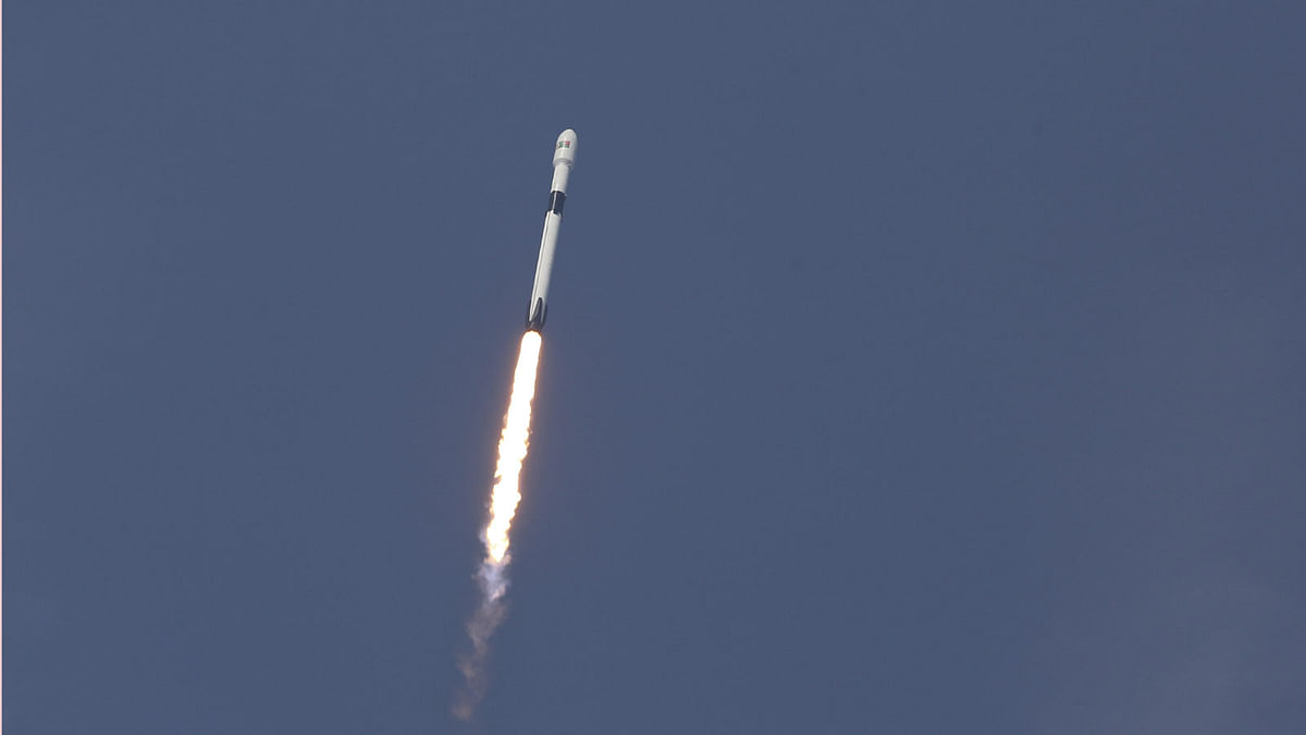 An upgraded version of the SpaceX Falcon 9 Block 5 rocket lifts off  on 11 May 2018 from launch pad 39A at the Kennedy Space Centre carrying the first communications satellite of Bangladesh. Photo: AP