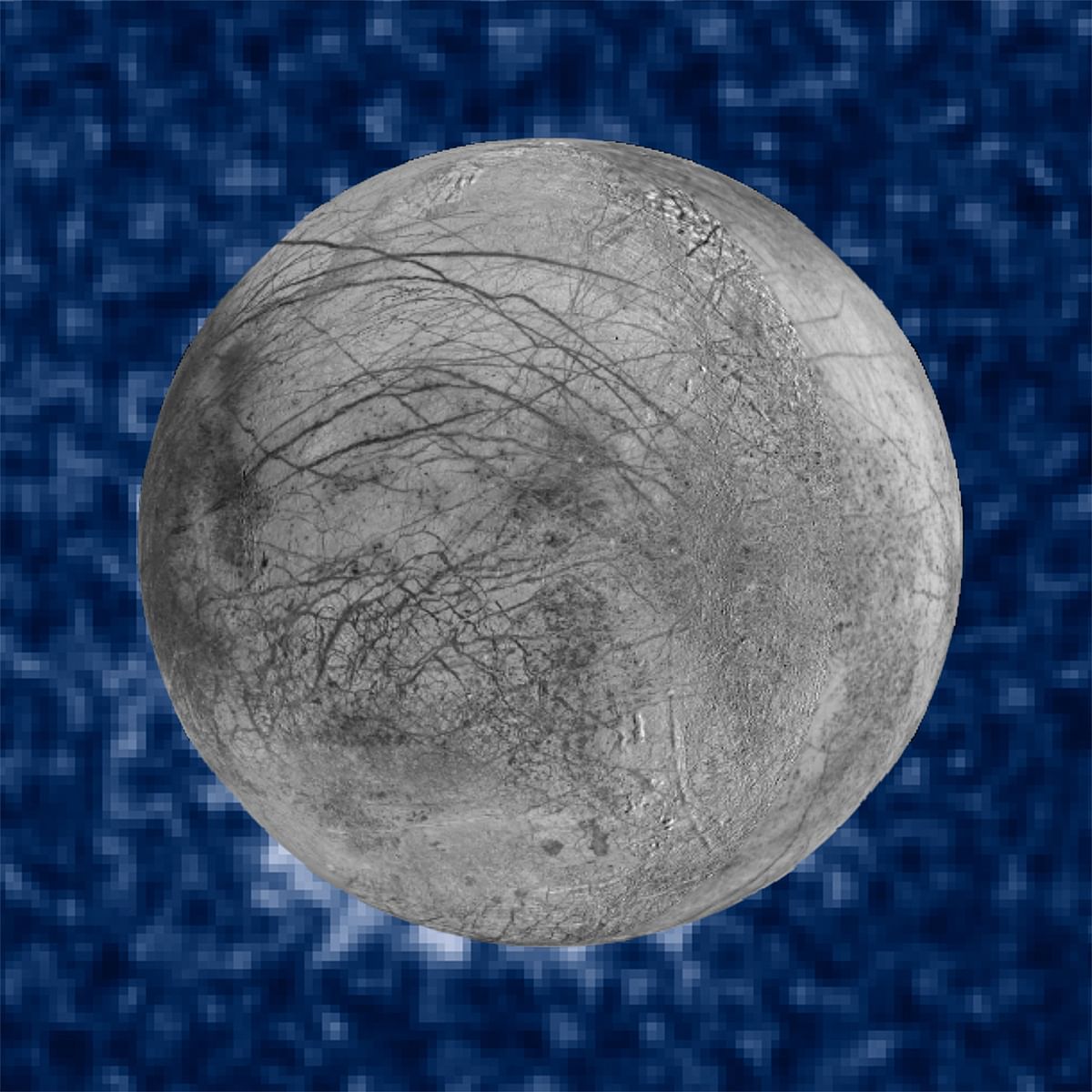 In this file composite image released by NASA on 26 September 2016 shows suspected plumes of water vapour erupting at the 7 o`clock position (Bottom-L) off the limb of Jupiter`s moon Europa. Scientists presented further evidence on 14 May 2018 for water plumes on the surface of Jupiter`s moon Europa, raising hopes of probing the jets for signs of life around the second planet from Earth. AFP