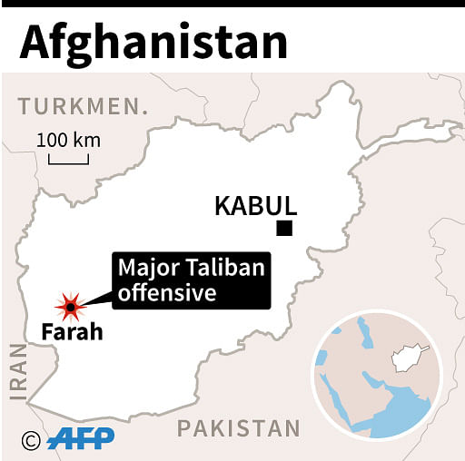 Map of Afghanistan locating Farah, where Taliban fighters launched a major offensive during the night from Monday to Tuesday. AFP