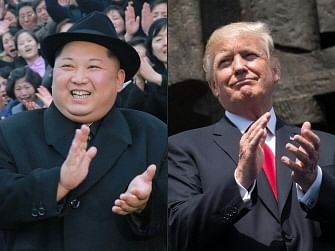 This combination of pictures created on March 9, 2018 comprising of an undated picture released from North Korea`s official Korean Central News Agency (KCNA) on January 17, 2018 showing North Korean leader Kim Jong-Un visiting the newly-renovated Pyongyang Teachers` University in Pyongyang and US President Donald Trump applauding as he stands in front of the Warsaw Uprising Monument on Krasinski Square during the Three Seas Initiative Summit in Warsaw, Poland, July 6, 2017. Photo : AFP