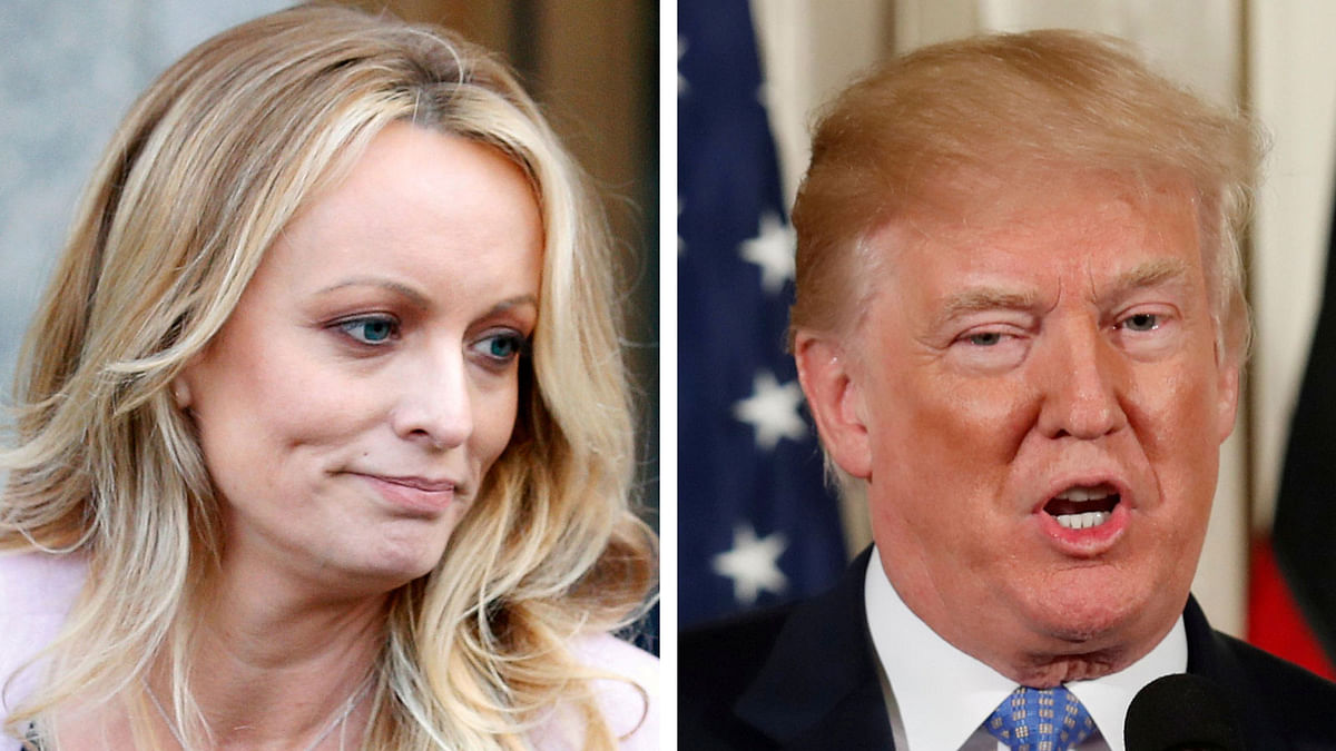 A combination photo shows Adult film actress Stephanie Clifford, also known as Stormy Daniels speaking in New York City, and US president Donald Trump speaking in Washington, Michigan, US on 16 April 2018 and 28 April 2018 respectively. REUTERS