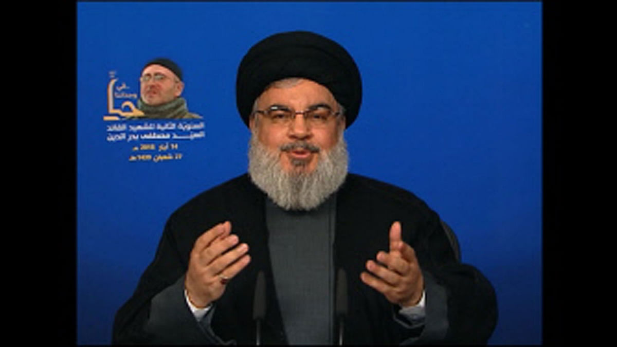 An image grab taken from al-Manar TV on May 14, 2018, shows the leader the Lebanon`s Shiite Hezbollah movement Hassan Nasrallah giving a televised speech at an unknown location on May 14, 2018. Photo : AFP