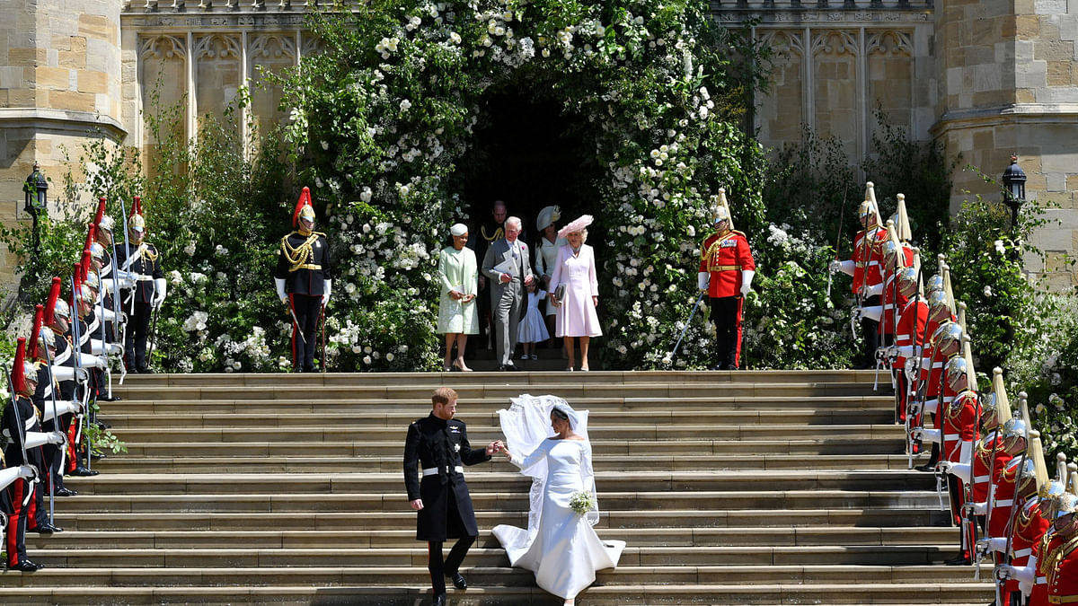 Prince Harry and Meghan Markle leave St George`s Chapel in Windsor Castle after their wedding. Saturday 19 May, 2018. Photo: Reuters