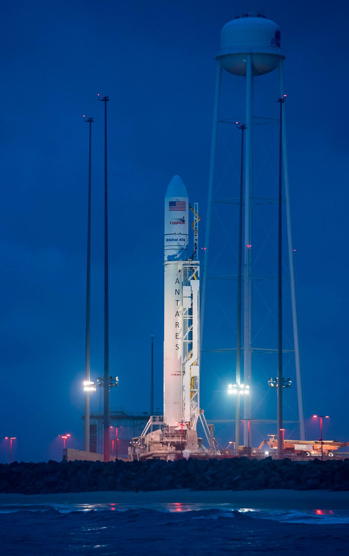 In this image released by NASA, the Orbital ATK Antares rocket, with the Cygnus spacecraft onboard, is seen at launch Pad-0A, on 20 May 2018 at Wallops Flight Facility in Virginia. Photo: Collected