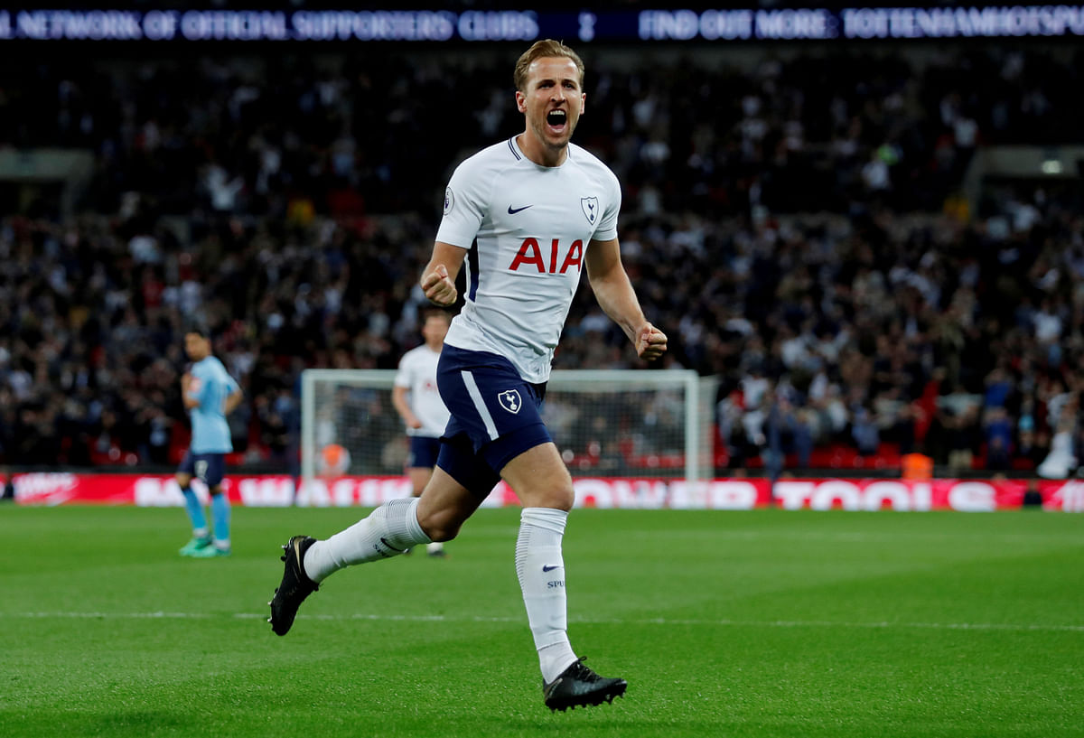 Tottenham’s Harry Kane celebrates after scoring their first goal against Newcastle United in a Premier League match at Wembley Stadium, London, Britain on 9 May 2018. Photo: Reuters