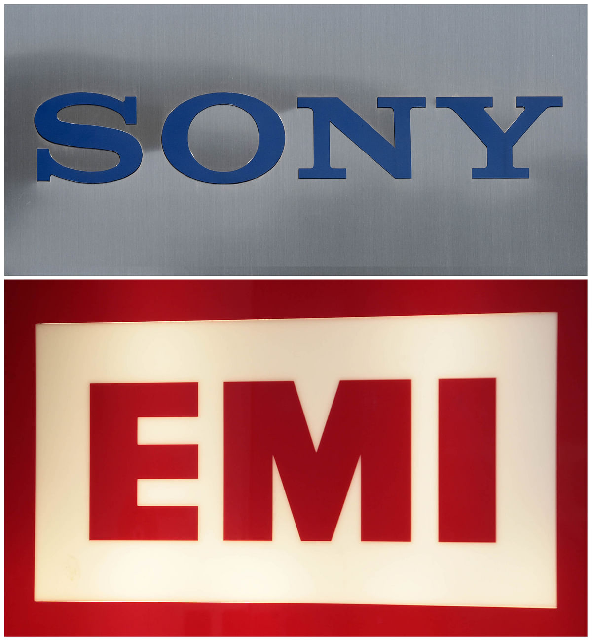 These two file photos show at top the logo of Japan`s electric giant Sony in front of their headquarters in Tokyo, Japan on 28 April 2017, and at bottom the logo of British music publisher EMI outside its headquarters in London, Englnd on 15 January 2008. Photo: AFP