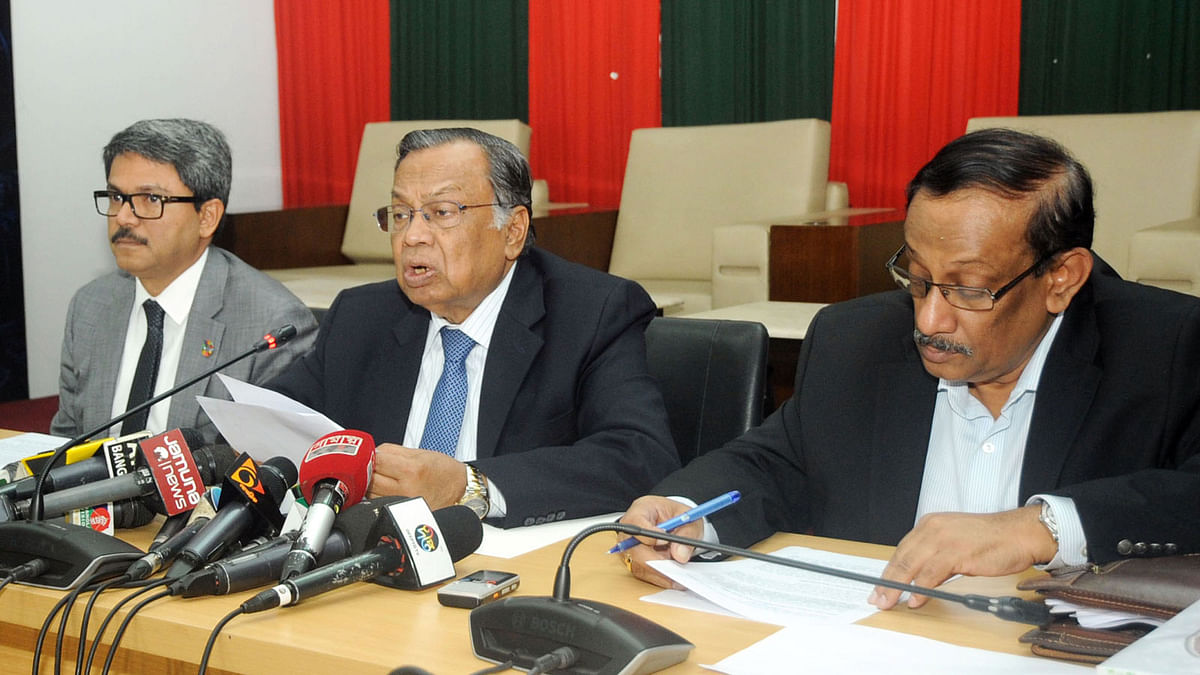 Foreign minister Abul Hassan Mahmood Ali briefs newsmen about prime minister Sheikh Hasina’s upcoming tour of India, at the foreign ministry on Wednesday. Photo: PID