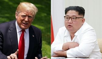 This combination of pictures created on 24 May 2018 shows US president Donald Trump speaking to the media as he makes his way to board Marine One at the White House on 23 May 2018 in Washington, DC, and an undated picture released from North Korea`s official Korean Central News Agency (KCNA) on 18 May 2018 of North Korean leader Kim Jong-Un speaking while attending the first Enlarged Meeting of the 7th Central Military Commission of the Workers` Party of Korea (WPK) in Pyongyang. Photo: AFP
