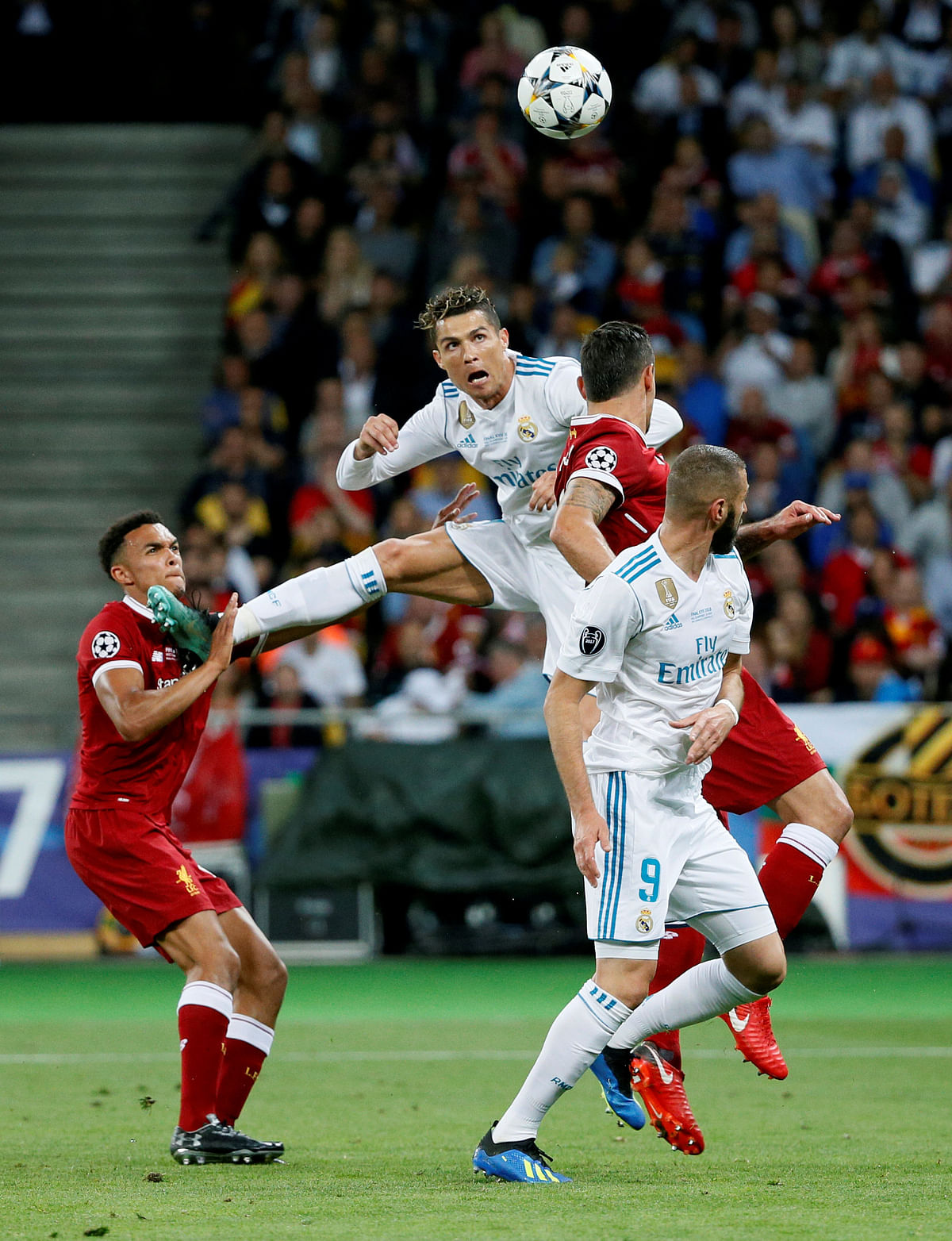 Real Madrid`s Cristiano Ronaldo heads at goal before Karim Benzema scored a goal from the rebound which was subsequently disallowed for offside. Photo: Reuters