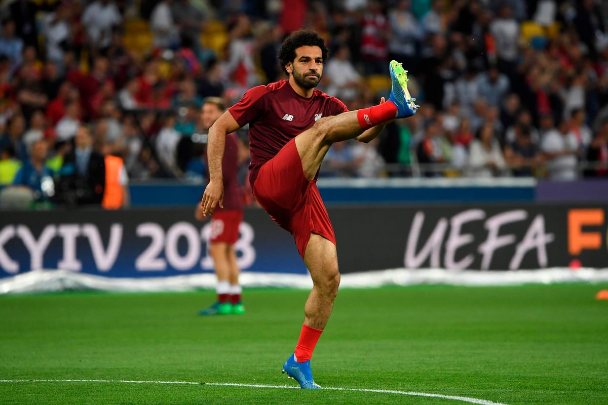 Liverpool`s Egyptian forward Mohamed Salah warms up for the UEFA Champions League final football match between Liverpool and Real Madrid at the Olympic Stadium in Kiev, Ukraine on 26 May 2018. AFP