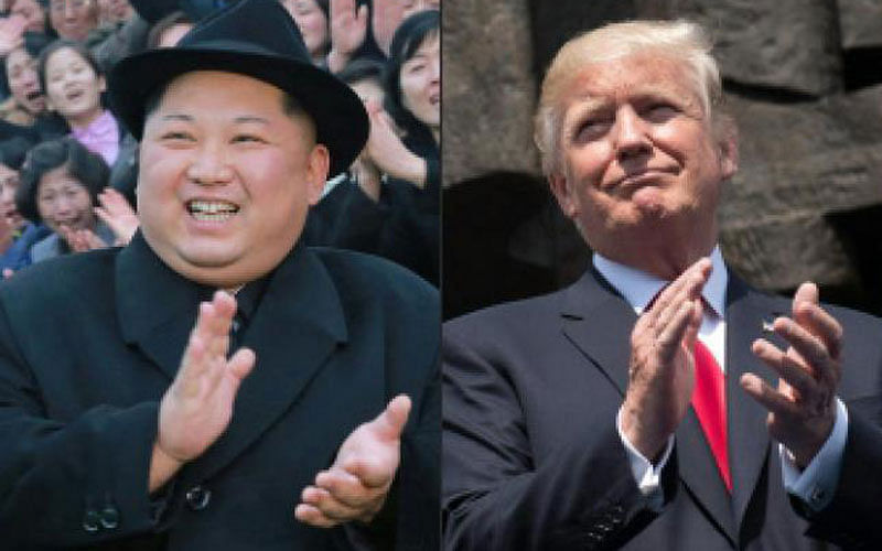 This combination of pictures created on March 9, 2018 comprising of an undated picture released from North Korea`s official Korean Central News Agency (KCNA) on January 17, 2018 showing North Korean leader Kim Jong-Un visiting the newly-renovated Pyongyang Teachers` University in Pyongyang and US President Donald Trump applauding as he stands in front of the Warsaw Uprising Monument on Krasinski Square during the Three Seas Initiative Summit in Warsaw, Poland, July 6, 2017. Photo : AFP