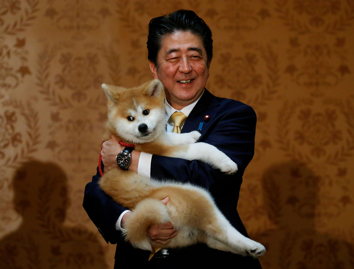 Japanese prime minister Shinzo Abe poses with an Akita Inu puppy presented to Russian figure skating gold medallist Alina Zagitova, in Moscow, Russia 26 May 2018. Photo: Reuters