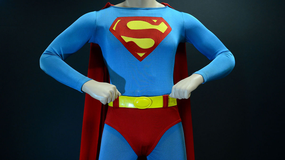 In this file photo taken on July 19, 2012, The Superman costume that was worn by Christopher Reeve in `Superman: The Movie.` Photo: AFP
