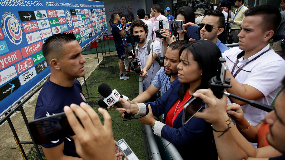 Costa Rica`s player David Guzman speaks to the media before a training session at San Antonio de Belen, Costa Rica on 30 May, 2018. Photo: Reuters