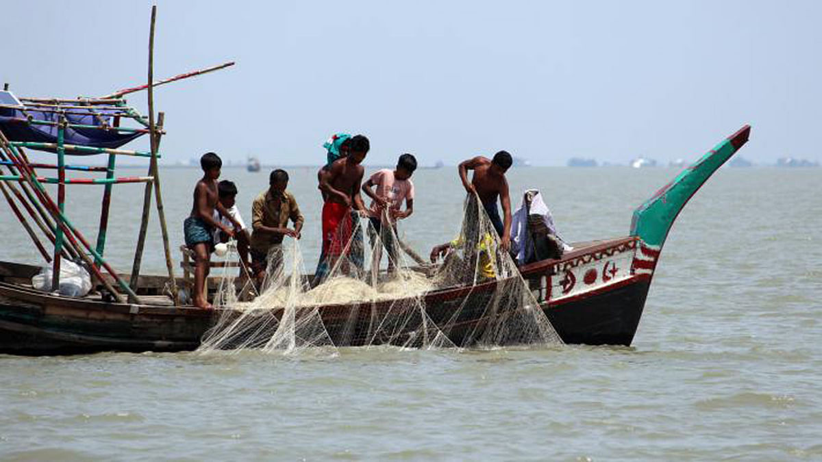 Fishermen cast net in search of hilsa in Meghna river in Madanpur, Daulatkhan, Bhola on 27 May. Photo: Neyamatullah