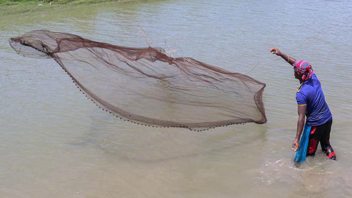 A fisherman fishes at the Pashur river in Bhandarcoat, Batiaghata, Khulna on 29 May. Photo: Saddam Hossain