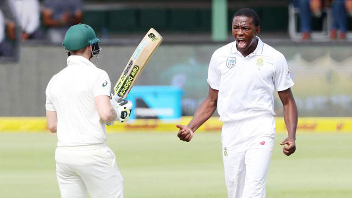 South Africa’s Kagiso Rabada celebrates taking the wicket of Australia’s Steve Smith on 9 March, 2018. Photo: Reuters