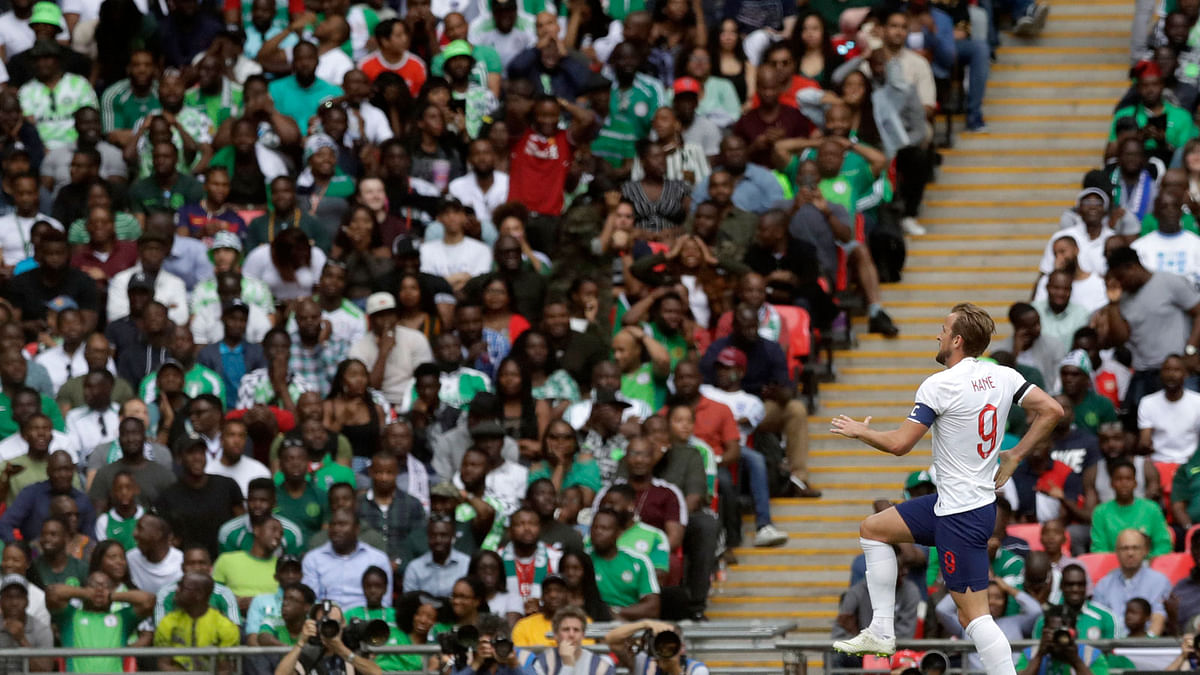 England`s Harry Kane celebrates after scoring his side`s second goal during a friendly football match between England and Nigeria at Wembley stadium in London, on 2 June 2018. Photo: AP