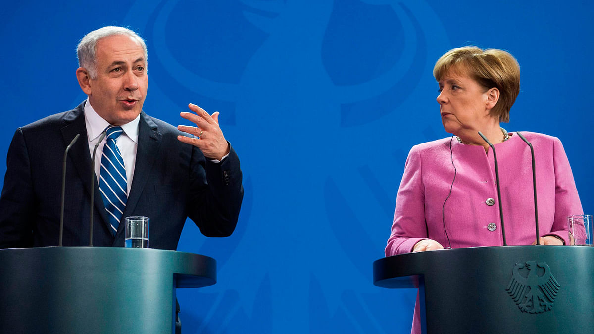In this file photo taken on 16 February 2016 German Chancellor Angela Merkel (R) and Israel`s prime minister Benjamin Netanyahu speaks at a press conference at the Chancellery in Berlin after a sixth joint German-Israeli cabinet meeting. Photo: Reuters