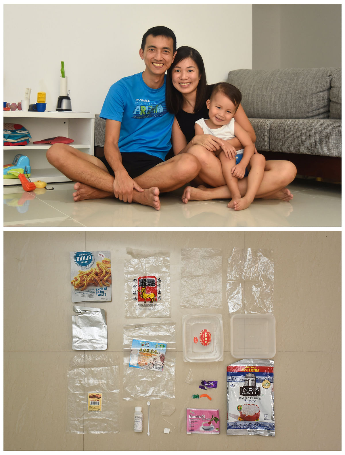 A combination photo shows Audrey Gan (C), 31, her husband Leow Yee Shiang, 30, and their three-year-old son Kyler (top) and one week`s worth of plastic waste they have collected, in Singapore, 21 May 2018. Photo: Reuters