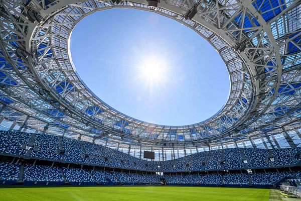 A picture taken on 21 May, 2018 shows the 45,000-seater Nizhny Novgorod Stadium in Nizhny Novgorod which will host four group games, a Round of 16 match and a quarter-final of the 2018 FIFA World Cup football tournament. Photo: AFP