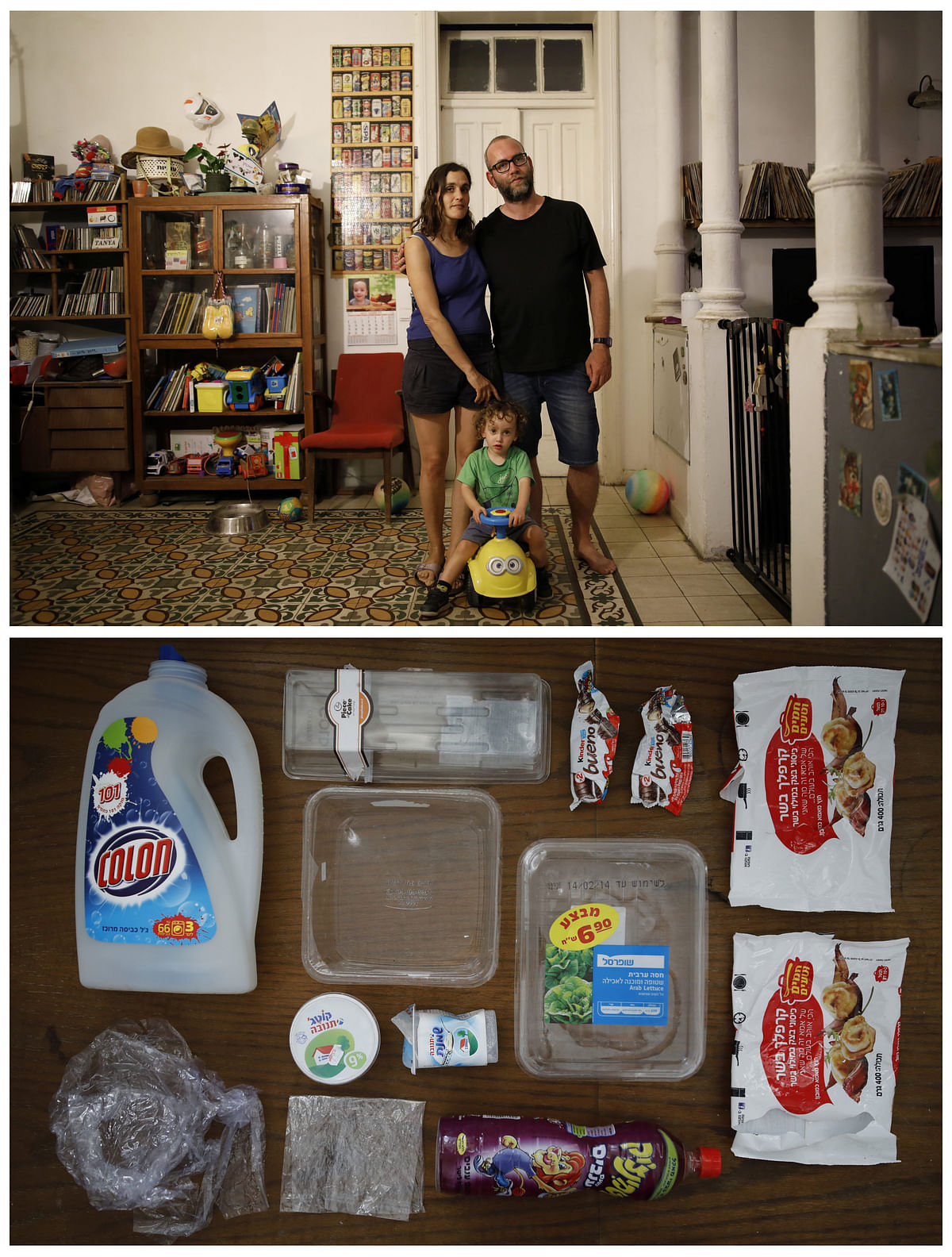 A combination photo shows Tatiana Schnittke, (L), 39, Yaniv Ben-Dov, 44, and their son Jonathan, 2, (top) and one week`s worth of plastic waste they have collected, in Jaffa, Tel Aviv, Israel, 24 May 2018. Photo: Reuters