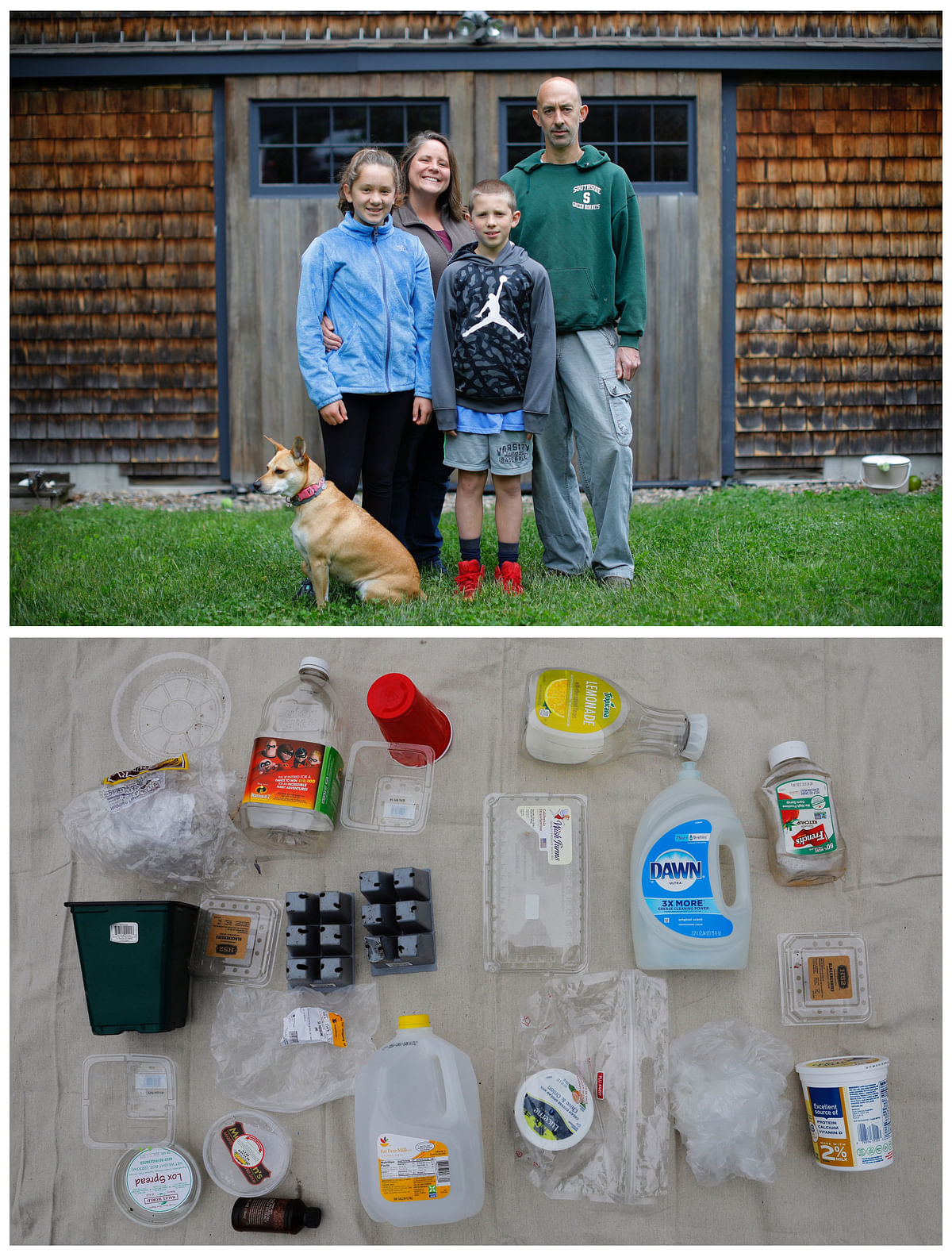 A combination photo shows Brandy Wilbur (2nd L), 44, Anthony Wilbur (R), 45, with their children Sophie (L), 12, and Andrew (2nd R), aged nine (top) and one week`s worth of plastic waste they have collected, in Wenham, Massachusetts, US, 27 May 2018. Photo: Reuters