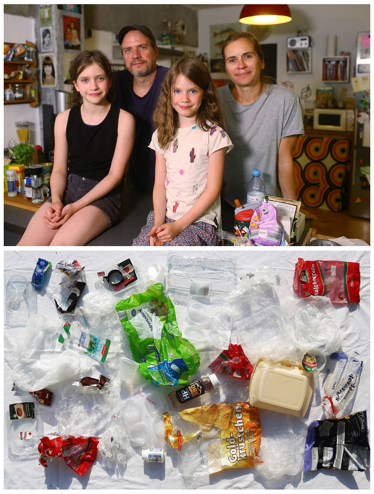 A combination photo shows Alexander Raduenz (2nd L) along with his partner Berit and his children Zoe and Yuna (top) and one week`s worth of plastic waste they have collected, in Berlin, Germany, 28 May 2018. Photo: Reuters