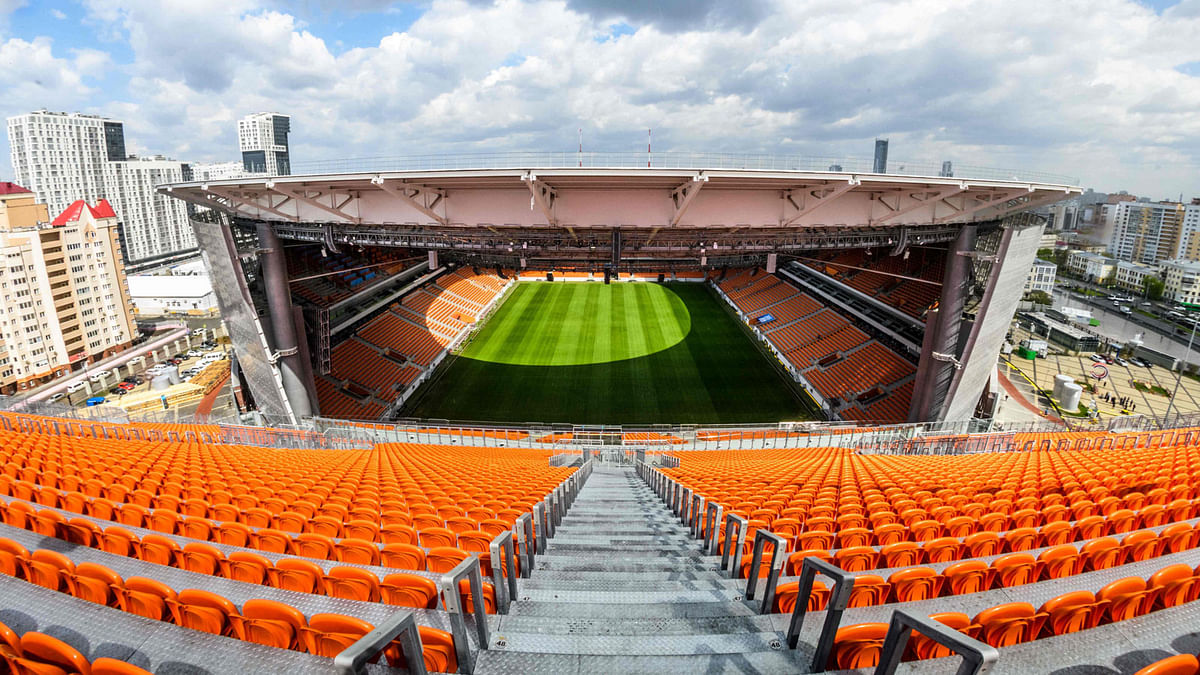 A picture taken on 24 May, 2018 shows the 35,000-seater stadium Ekaterinburg Arena in Yekaterinburg which will host four group games of the 2018 FIFA World Cup football tournament. Photo: AFP