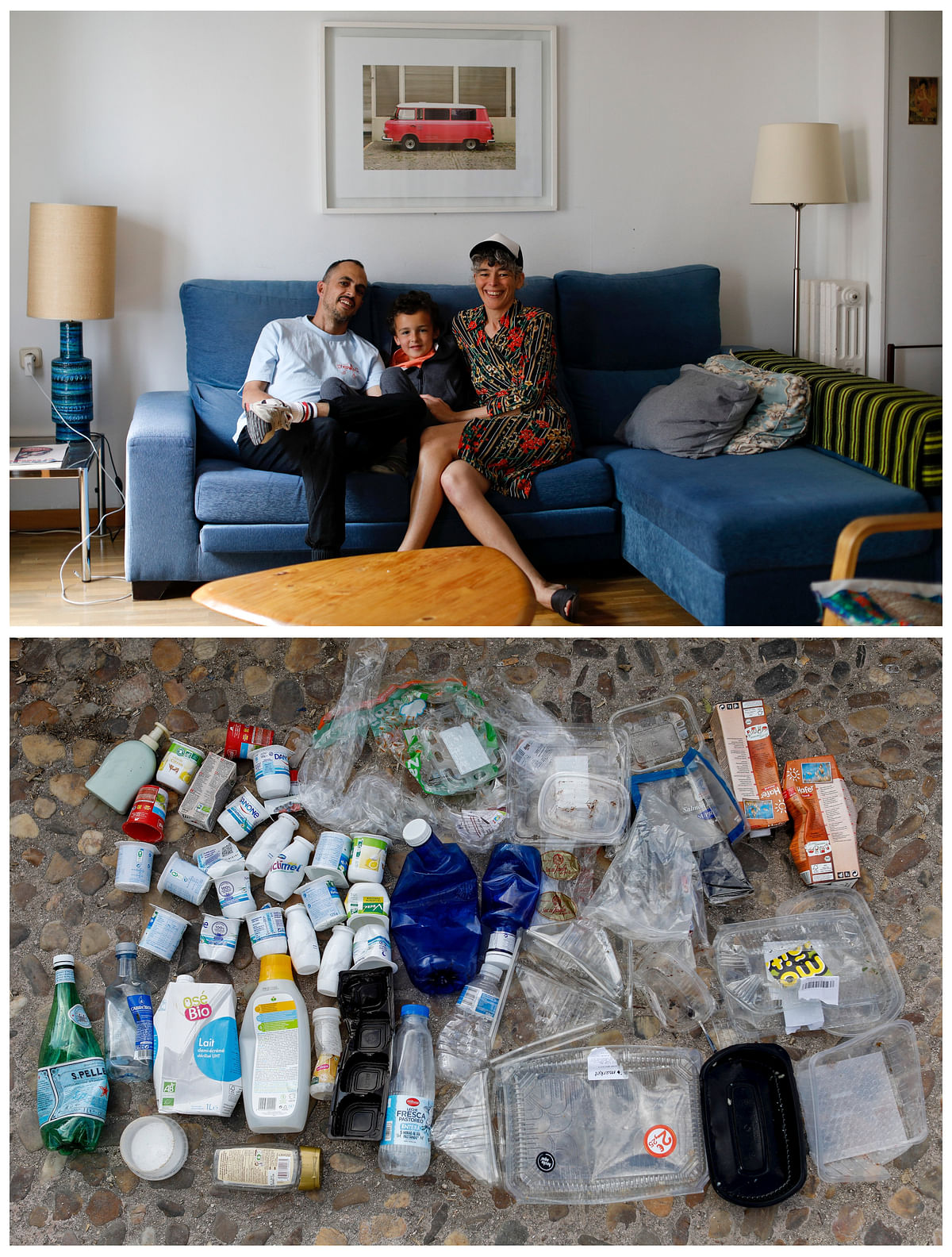 A combination photo shows Gaspar Antuna (L), Elena Vilabrille and their son Teo (top) and one week`s worth of plastic waste they have collected, in Madrid, Spain, 30 May 2018. Photo: Reuters