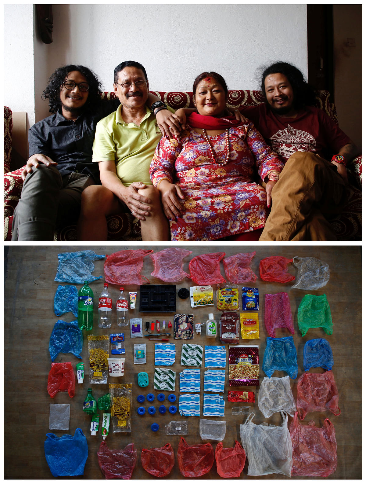 A combination photo shows Roshani Shrestha (2nd R), 57, her husband, Indra Lal Shrestha (2nd L), 62, elder son Ejan Shrestha (L), 29, and younger son Rojan Shrestha (R), 27 (top) and one week`s worth of plastic waste they have collected, in Kathmandu, Nepal, 21 May 2018. Photo: Reuters