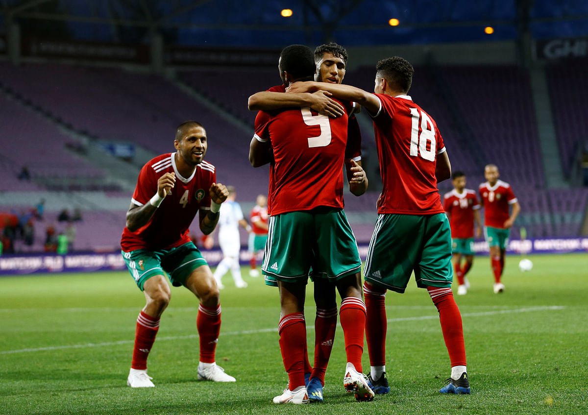 Morocco’s Ayoub El Kaabi celebrates scoring their first goal with team mates in an international friendly against Slovakia at Stade de Geneve, Geneva, Switzerland on 4 June 2018. Photo: Reuters