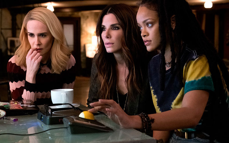 This image released by Warner Bros. shows Sarah Paulson, from left, Sandra Bullock and Rihanna in a scene from `Ocean`s 8.` Photo: AP