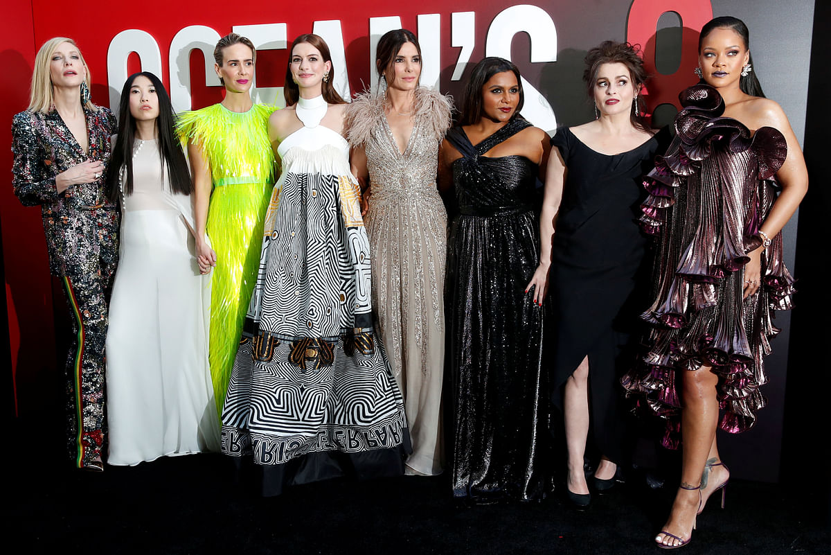 Cast members (L to R) Cate Blanchett, Awkwafina, Sarah Paulson, Anne Hathaway, Sandra Bullock, Mindy Kaling, Helena Bonham Carter and Rihanna pose at the world premiere of the film `Ocean`s 8` at Alice Tully Hall in New York City, New York, US, 5 June 2018. Photo: Reuters