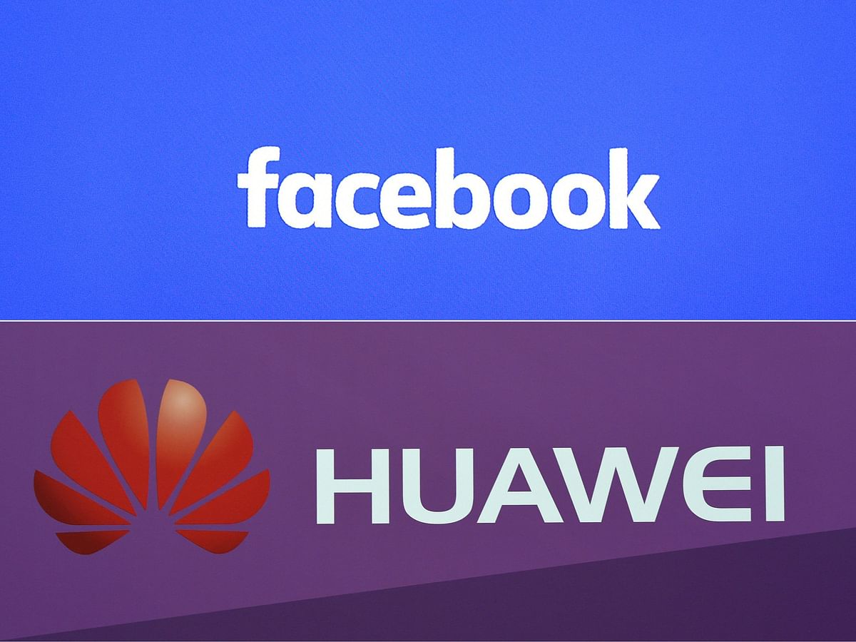 This combination of file pictures created on 5 June 2018 shows a Facebook logo on a screen ahead of a press conference to announce the launch of it`s latest product `Workplace`, in central London, on 10 October 2016 and the logo of Chinese electronics firm Huawei during a presentation of the new Huawei Mate 9 high-end-phablet at the Huawei Global Product Launch in Munich, southern Germany, on 3 November 2016. Photo: AFP