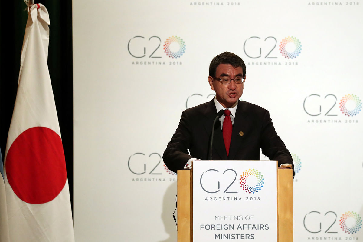 Japan`s foreign minister Taro Kono speaks during a news conference at the G20 Meeting of foreign affairs ministers in Buenos Aires, Argentina, on 21 May 2018. Photo: Reuters
