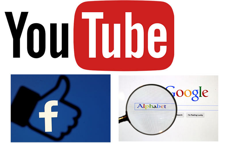 A Google search page photo and 3D-printed Facebook like button in front of the Facebook logo by Reuters. The YouTube logo is collected
