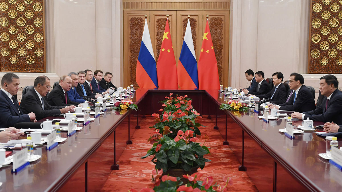 Russian president Vladimir Putin speaks during a meeting with Chinese premier Li Keqiang in the Great Hall of the People in Beijing, China on 8 June 2018. Photo: Reuters