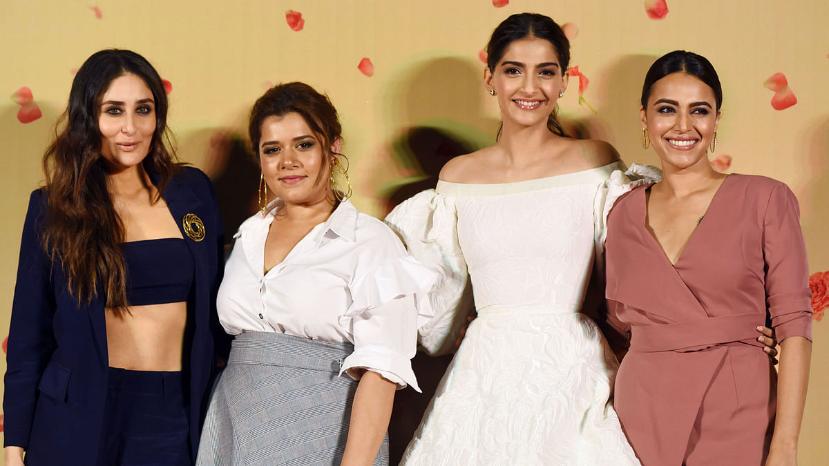 In this file photo taken on 25 April, 2018 Indian Bollywood actress Kareena Kapoor Khan (L), Shikha Talsania (2L), Sonam Kapoor and Swara Bhaskar pose for a photograph during a promotional event for film `Veere Di Wedding`, in Mumbai. Photo: AFP