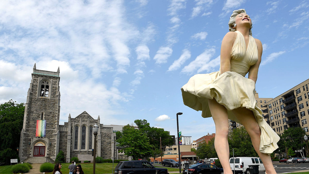 This 7 June 2018 photo shows Seward Johnson’s “Forever Marilyn” sculpture in Latham Park in Stamford