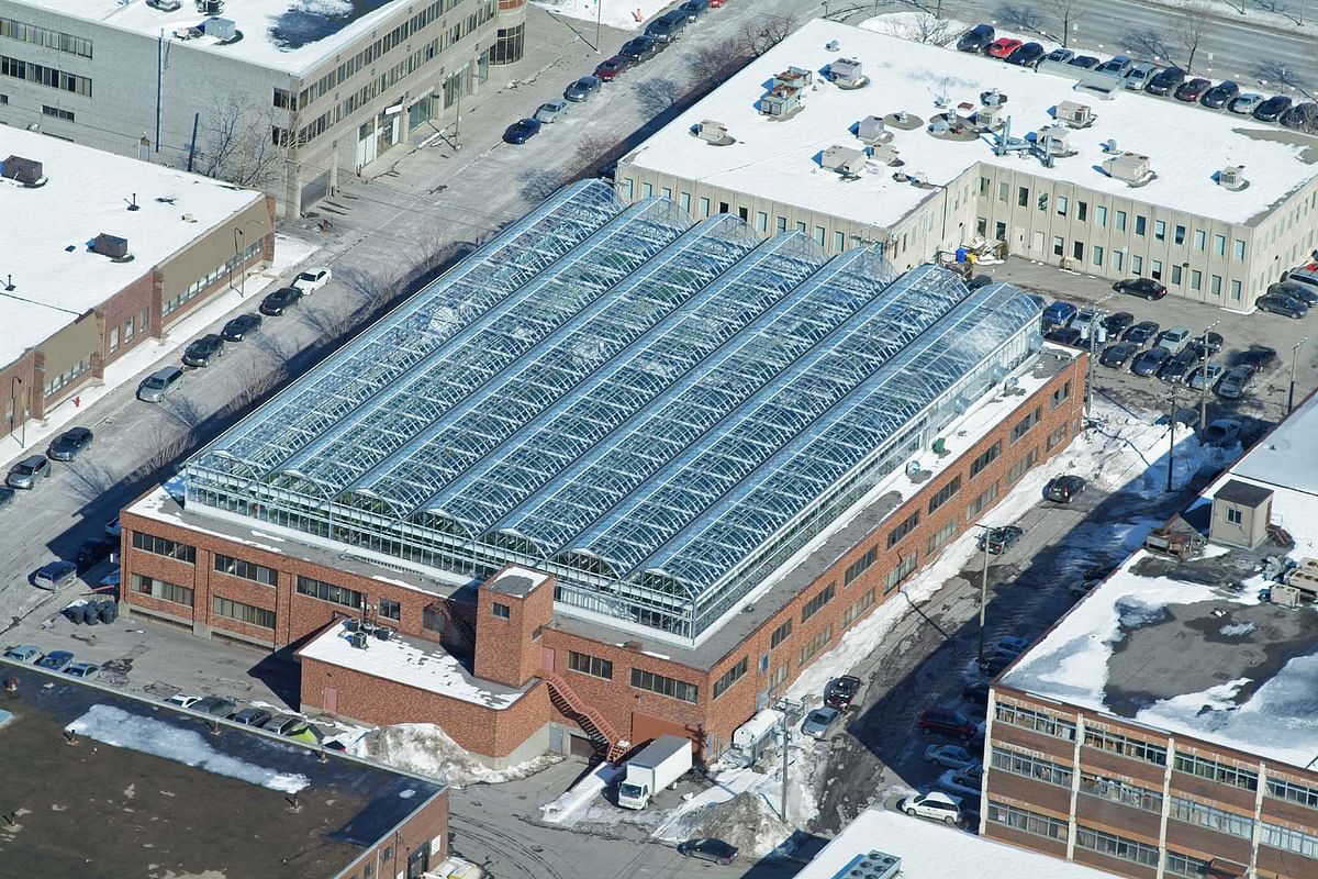 Lufa Farms Aerial view of Montreal rooftop greenhouse. Big cities of the developed countries embraced the “soil-free` farming. Photo: Collected